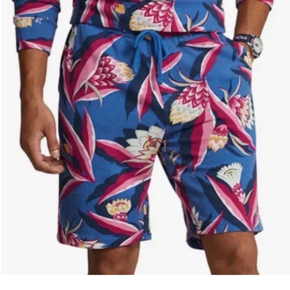 Polo Ralph Lauren Floral Spa Terry Shorts Mens L Blue Multicolor Drawstring NWT